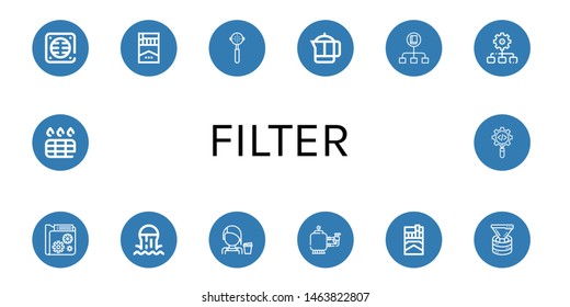 Set of filter icons such as Drain, Cigarette, Portafilter, French press, Flow, Process, Data, Sewer, Barista, Filter, Funnel , filter