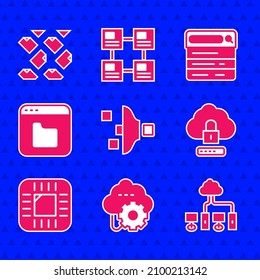 Set Filter setting, Cloud technology data transfer, Computer network, computing lock, Processor with CPU, Browser files, Search engine and Data stream icon. Vector
