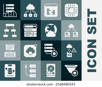 Set Filter setting, Cloud technology data transfer, Broken file, Search engine, Hierarchy organogram chart, Server, Data, Web Hosting and Social network icon. Vector