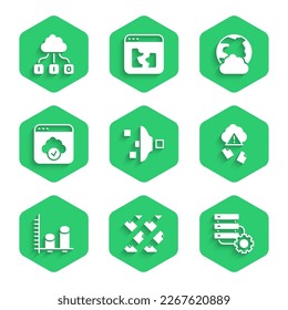 Set Filter setting, Data stream, Server and gear, Cloud hacking, analysis, technology data transfer, Social network and  icon. Vector