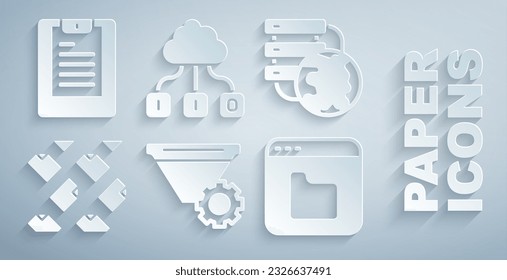 Set Filter setting, Network cloud connection, Data stream, Browser files, Cloud technology data transfer and Server, report icon. Vector