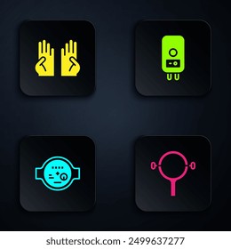 Set Filter wrench, Rubber gloves, Water meter and Electric boiler. Black square button. Vector