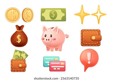 Set finance 3D icons symbols. Wallet, credit card, piggy bank, coins and dollars. Payment element collection. Vector illustration isolated on white background.