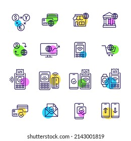 Set of finance and banking icons. Contactless payment, secure money transfers, currency exchange. Pixel perfect, editable stroke