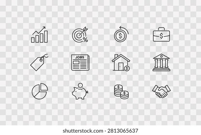 Set of finance and banking line icons including bar chart, target, money return, briefcase, price tag, jobs newspaper, house, bank building, pie chart, piggy bank, coins, and handshake