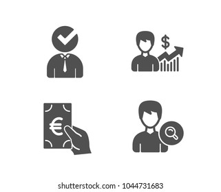 Set of Finance, Business growth and Vacancy icons. Search people sign. Eur cash, Earnings results, Businessman concept. Find profile.  Quality design elements. Classic style. Vector
