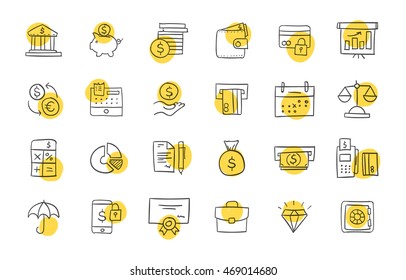 Set of finance and business icons. Freehand drawing style. Simple linear elements