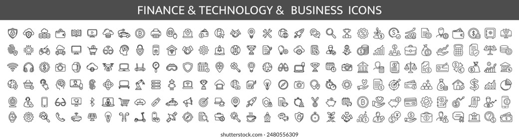 Conjunto de iconos de línea financiera y de negocio. Paquete de iconos de contorno fino