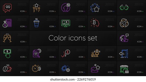 Set of Finance calculator, Online video and Seo stats line icons. Include Cogwheel timer, Quote bubble, Takeaway icons. Entrance, Stars, Food market web elements. Champagne glasses, Star. Vector