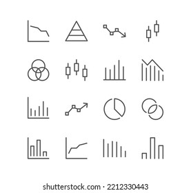 Set of finance and chart icons, graph, diagram, arrow, growth and linear variety vectors.
