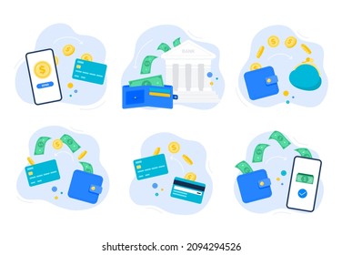 Conjunto de conceptos financieros con transferencias de dinero. Enviar dinero a una tarjeta, a una cuenta bancaria o a una cartera electrónica. Ilustraciones vectoriales planas.