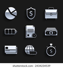 Set Finance document, Battery charge level indicator with earth globe, Time is money, Stacks paper cash, Credit card, Briefcase and Pie chart infographic icon. Vector