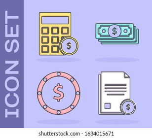 Set Finance document, Calculator with dollar symbol, Coin money with dollar symbol and Stacks paper money cash icon. Vector