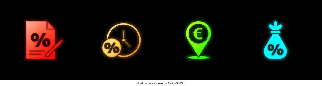 Set Finance document, Clock and percent, Cash location and Money bag with icon. Vector