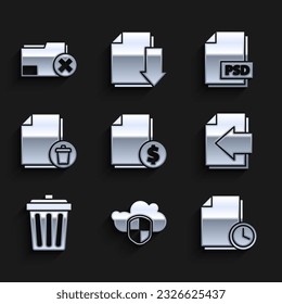 Set Finance document, Cloud and shield, Document with clock, Next page arrow, Trash can, Delete file, PSD and folder icon. Vector