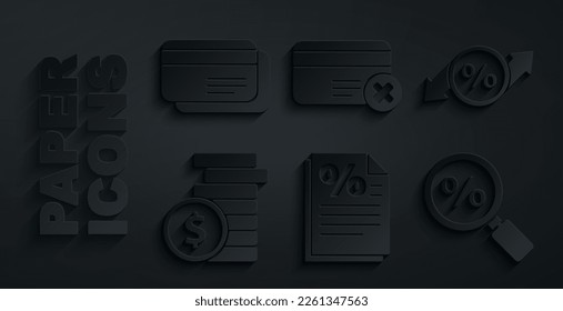 Set Finance document, Discount percent tag, Coin money with dollar, Magnifying glass, Credit card remove and  icon. Vector
