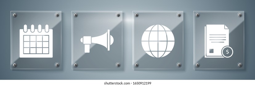Establecer documento de Finanzas, globo terrestre, megáfono y calendario. Paneles de vidrio cuadrado. Vector