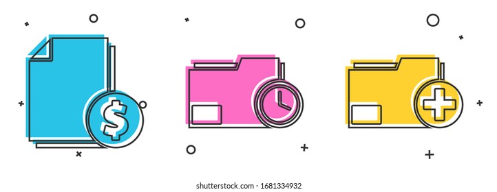 Set Finance document, Document folder with clock and Add new folder icon. Vector