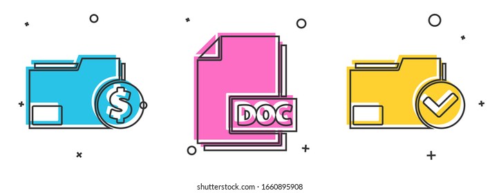 Set Finance document folder, DOC file document and Document folder and check mark icon. Vector