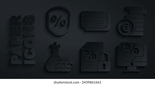 Establecer documento financiero y candado, moneda de dinero con símbolo del euro, moneda de bolsa de dinero, monitor de descuento por ciento, tarjeta de crédito y el icono de porcentaje de préstamo. Vector