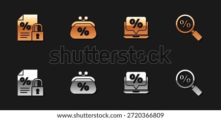Set Finance document and lock, Purse money percent, Percent discount laptop and Magnifying glass with icon. Vector