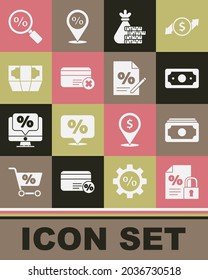 Set Finance document and lock, Stacks paper money cash, Money bag coin, Credit card remove, Magnifying glass with percent and  icon. Vector