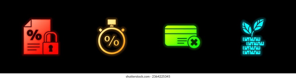 Set Finance document and lock, Stopwatch percent, Credit card remove and Dollar plant icon. Vector