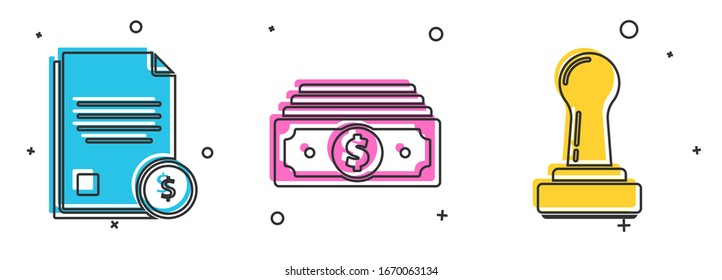 Set Finance document, Stacks paper money cash and Stamp icon. Vector