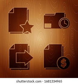 Set Finance document, Document with star, Next page arrow and Document folder with clock on wooden background. Vector