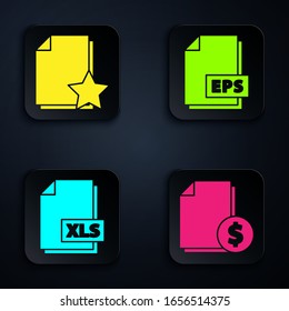 Set Finance document, Document with star, XLS file document and EPS file document. Black square button. Vector
