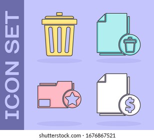 Set Finance document, Trash can, Document folder with star and Delete file document icon. Vector
