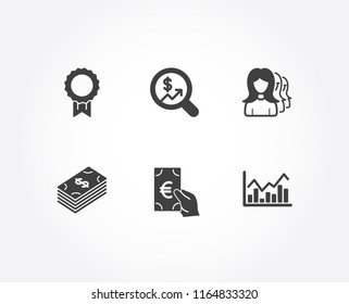 Set of Finance, Dollar and Women headhunting icons. Currency audit, Reward and Infochart signs. Eur cash, Usd currency, Women teamwork. Money chart, Best medal, Stock exchange. Vector