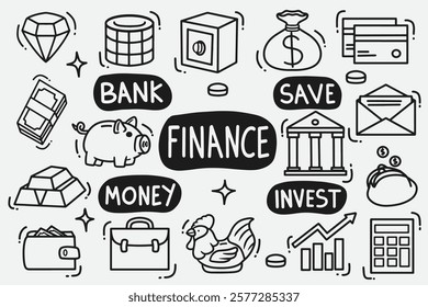 set of finance doodle good for background, wallpaper, element design, icon, etc