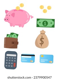 Set of finance elements, banking illustration, piggy bank, pocket, debit card, calculator, money and coins
