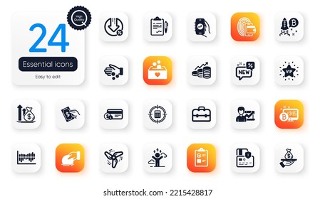 Juego de iconos planos de Finanzas. Elementos del gráfico de donaciones, préstamos y crecimiento para aplicaciones web. Sistema Bitcoin, Dinero de donación, Iconos de aplicaciones financieras. Portafolio, proyecto Bitcoin, elementos estrella Vip. Vector