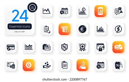 Set of Finance flat icons. Report timer, Discounts calendar and Binary code elements for web application. Wallet, Investment, Donation money icons. Innovation, Dollar exchange. Vector