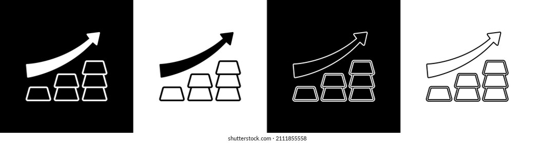 Set Finance growth chart arrow with gold bars icon isolated on black and white background. Financial success concept. Gold investment concept.  Vector