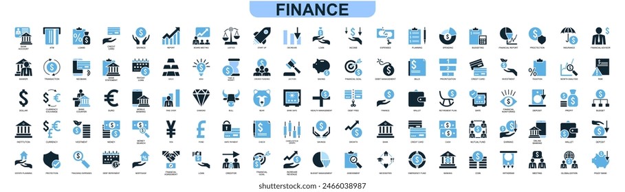 set of Finance icon business, investment icons contains Financial Strategy, Savings, Credit Score, Capital, Banking, Profit and so on icons.