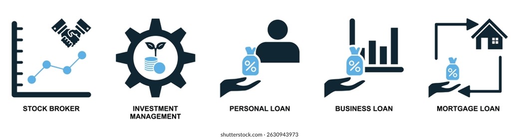 Conjunto de vetores de ícone financeiro para visão geral de gerenciamento financeiro, contabilidade e orçamento. Ideal para painel de negócios, aplicativo financeiro e ilustração de planejamento de dinheiro.