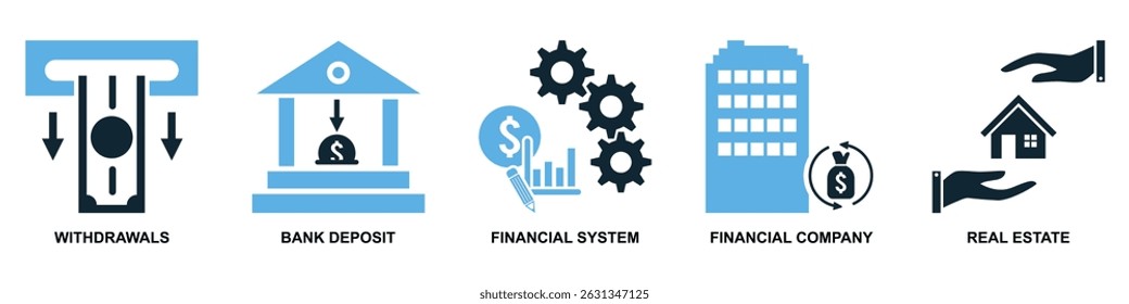 Conjunto de vetores de ícone financeiro para visão geral de gerenciamento financeiro, contabilidade e orçamento. Ideal para painel de negócios, aplicativo financeiro e ilustração de planejamento de dinheiro.