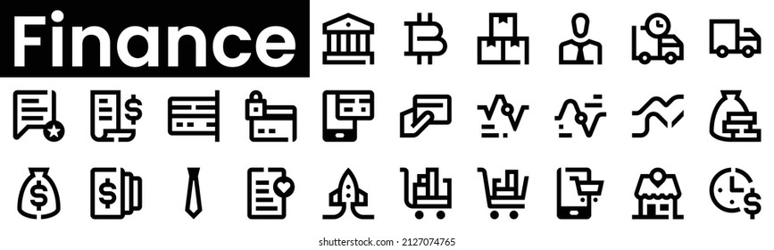 Set of finance Icons. Black flat icon collection isolated on white Background
