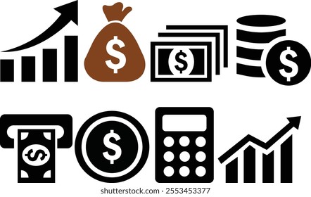 Set of Finance icons. Business Icons, money signs. Money silhouette collection. Coins silhouette icon. Growth chart. Moneybag or stash. Calculator sign. Piggy bank flat style. coins stack and dollar