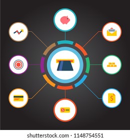 Set of finance icons flat style symbols with bill, bank card, piggy bank and other icons for your web mobile app logo design.