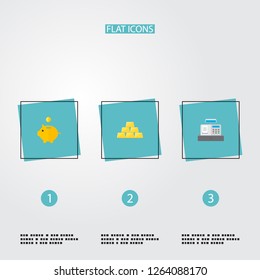 Set of finance icons flat style symbols with gold bars, cash register, piggy bank and other icons for your web mobile app logo design.