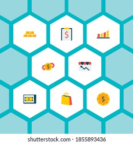 Set of finance icons flat style symbols with shopping bag, diagram, money set and other icons for your web mobile app logo design.