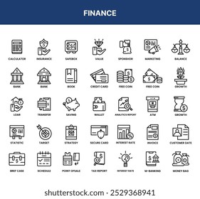 Um conjunto de ícones de finanças que representam vários conceitos relacionados a finanças, bancos e negócios.
