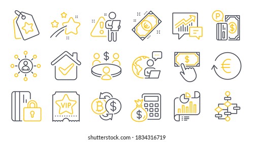Set of Finance icons, such as Accounting, Blocked card, Parking payment symbols. Report document, Block diagram, Bitcoin exchange signs. Finance calculator, Euro money, Payment click. Vector