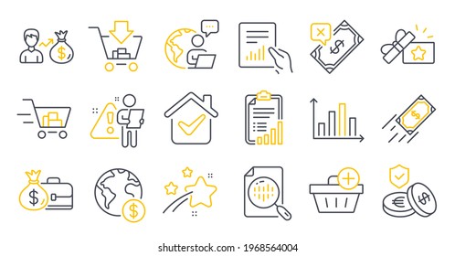 Set of Finance icons, such as Add purchase, Fast payment, Loyalty gift symbols. Salary, Diagram graph, Global business signs. Shopping cart, Rejected payment, Savings insurance. Checklist. Vector