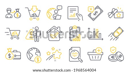 Set of Finance icons, such as Add purchase, Fast payment, Loyalty gift symbols. Salary, Diagram graph, Global business signs. Shopping cart, Rejected payment, Savings insurance. Checklist. Vector