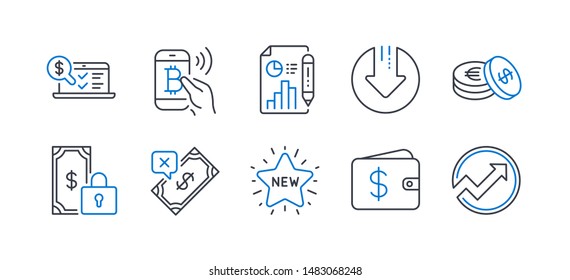 Set of Finance icons, such as Bitcoin pay, Download arrow, Private payment, New star, Rejected payment, Savings, Dollar wallet, Online accounting, Report document, Audit line icons. Vector